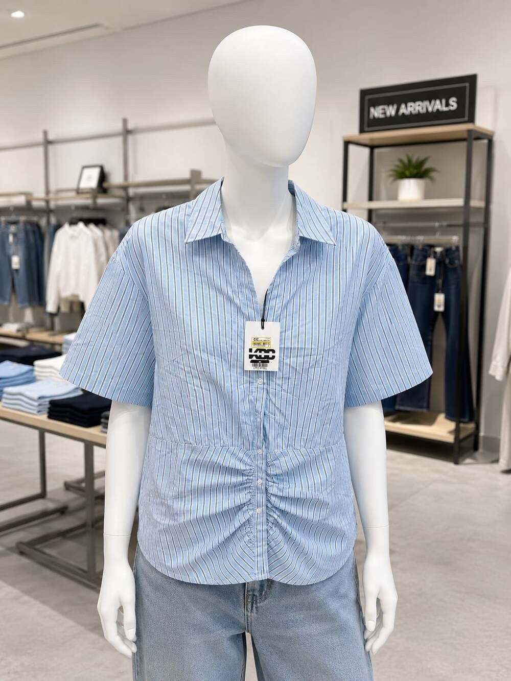 KBB by Kahlana Blue White Striped Ruched Button Down Shirt Size L